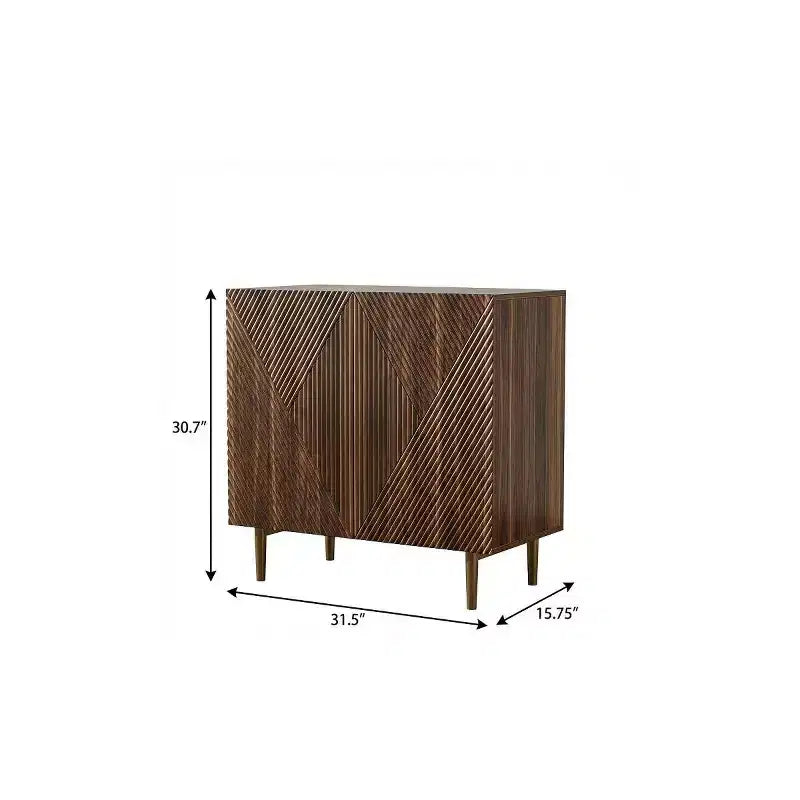 Bahut géométrique sculpté en bois avec 2 portes et tiroir, Noyer brun, 79L x 79H