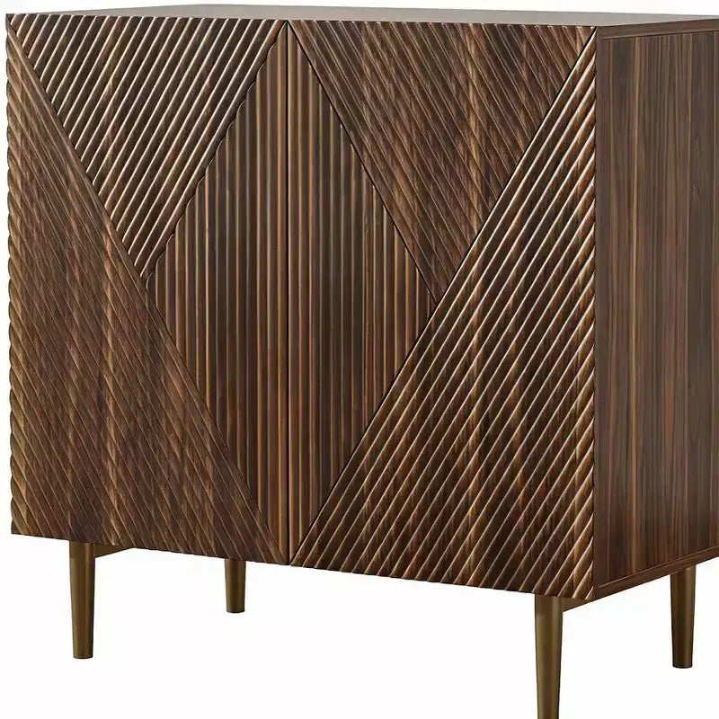 Bahut géométrique sculpté en bois avec 2 portes et tiroir, Noyer brun, 79L x 79H