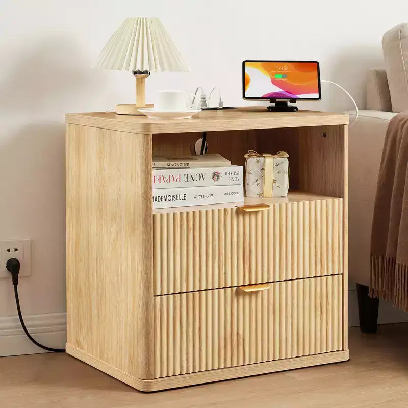 Fluted Nightstand with Charging Station, 23 Wide 2 Drawers End Table, Farmhouse Bed Side Tables, Wood Dresser for Bedroom, Living Room, Closet