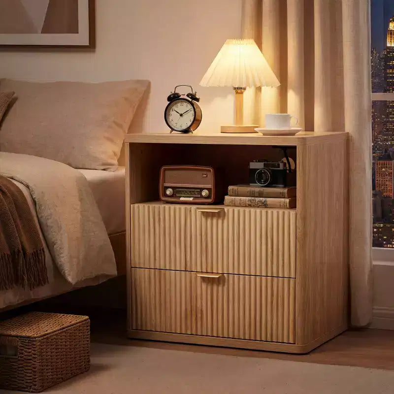 Table de chevet cannelée avec station de recharge, table d'appoint à 2 tiroirs de 58 cm de large, tables de chevet de style ferme, commode en bois pour chambre, salon, placard