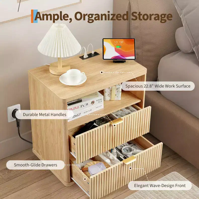 Table de chevet cannelée avec station de recharge, table d'appoint à 2 tiroirs de 58 cm de large, tables de chevet de style ferme, commode en bois pour chambre, salon, placard