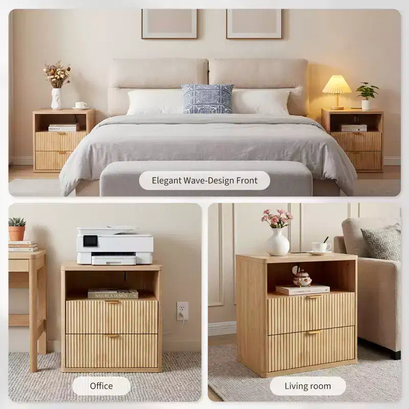 Table de chevet cannelée avec station de recharge, table d'appoint à 2 tiroirs de 58 cm de large, tables de chevet de style ferme, commode en bois pour chambre, salon, placard