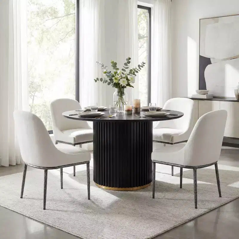 5-Piece Industrial Dining Set, Round Pedestal Table & 4 Upholstered Iron Chairs