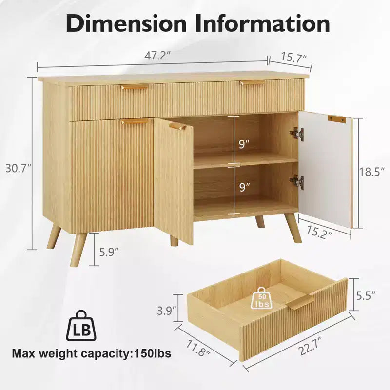 Fluted Wave Sideboard Buffet Cabinet, 3 Doors & 2 Drawers, 47W, 150 lb Tabletop
