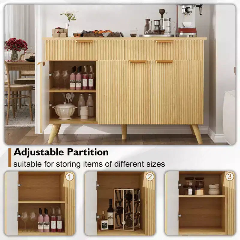 Buffet Bahut Ondulé, 3 Portes et 2 Tiroirs, 47 po de Large, Plateau de 68 kg