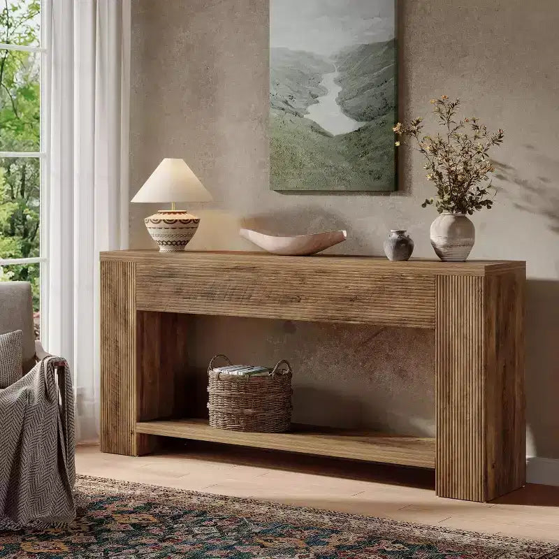 Console rustique de 70,9 pouces, table canapé étroite cannelée, 2 niveaux, marron rustique