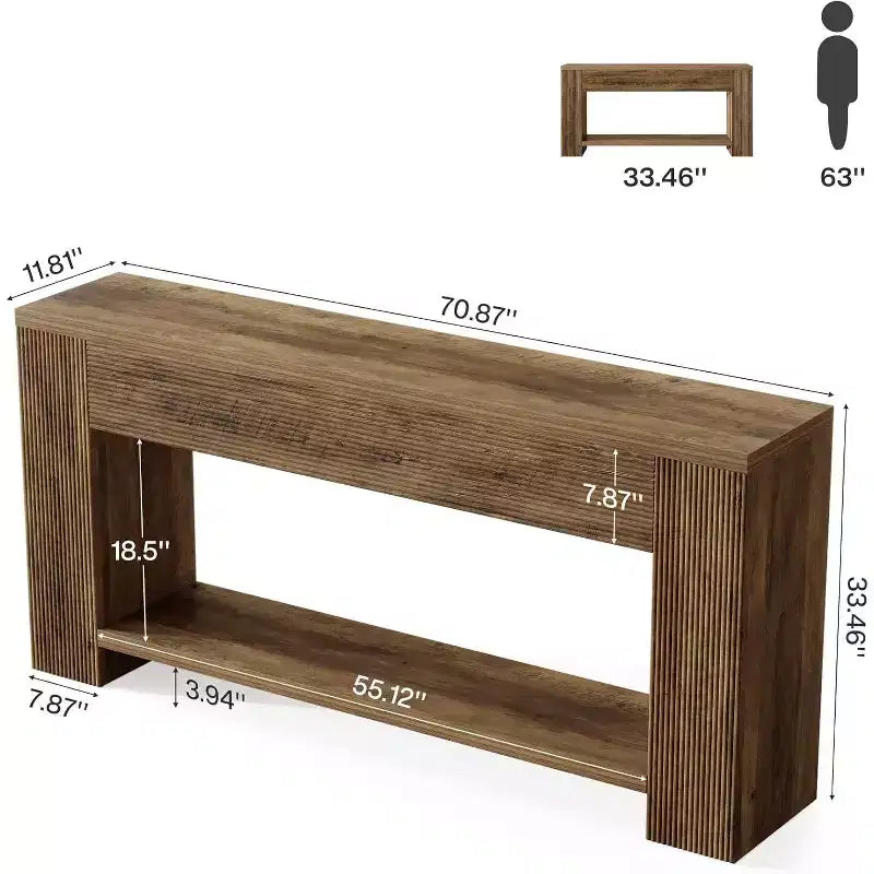 Console rustique de 70,9 pouces, table canapé étroite cannelée, 2 niveaux, marron rustique