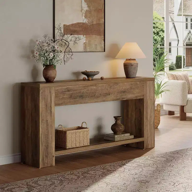 Console rustique de 70,9 pouces, table canapé étroite cannelée, 2 niveaux, marron rustique