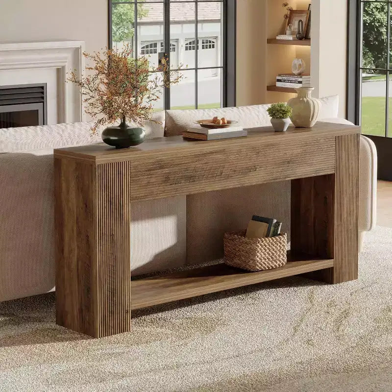 Console rustique de 70,9 pouces, table canapé étroite cannelée, 2 niveaux, marron rustique