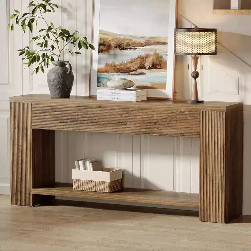 Console rustique de 70,9 pouces, table canapé étroite cannelée, 2 niveaux, marron rustique