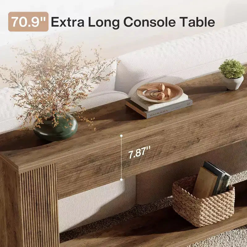 Console rustique de 70,9 pouces, table canapé étroite cannelée, 2 niveaux, marron rustique