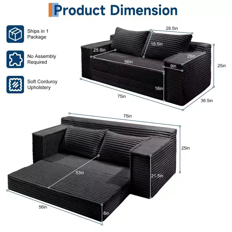 Canapé-lit convertible, canapé-lit sans armature avec 2 oreillers, canapé gigogne pliant, canapé-lit causeuse, futon pour salon et chambre