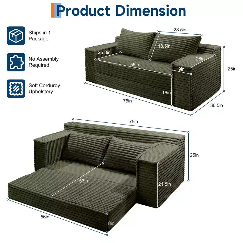 Canapé-lit convertible, canapé-lit sans armature avec 2 oreillers, canapé gigogne pliant, canapé-lit causeuse, futon pour salon et chambre