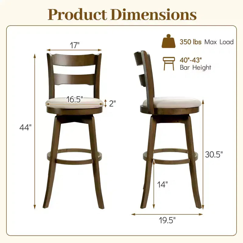 360 Swivel Barstools Set of 2 or 4, Upholstered High Back, 30.5" Seat, 350 lb Cap
