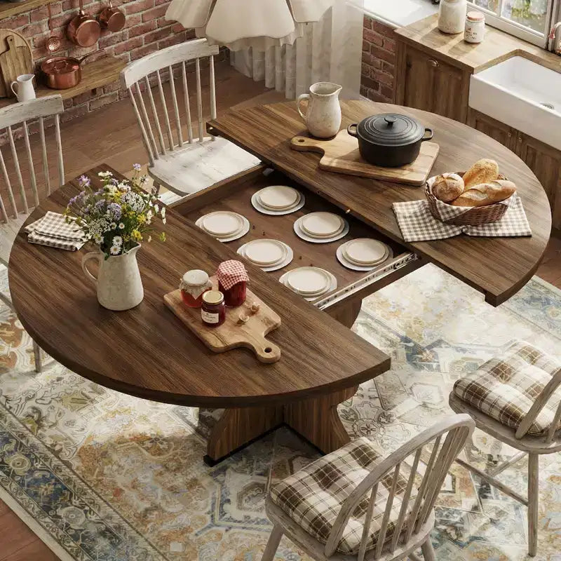Table à Manger Ovale Extensible 120-160 cm, 4 à 8 Places, Plateau en Bois, Piètement Métal, Style Ferme