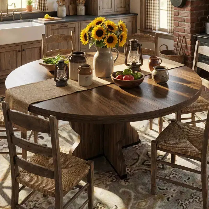 Table à Manger Ovale Extensible 120-160 cm, 4 à 8 Places, Plateau en Bois, Piètement Métal, Style Ferme