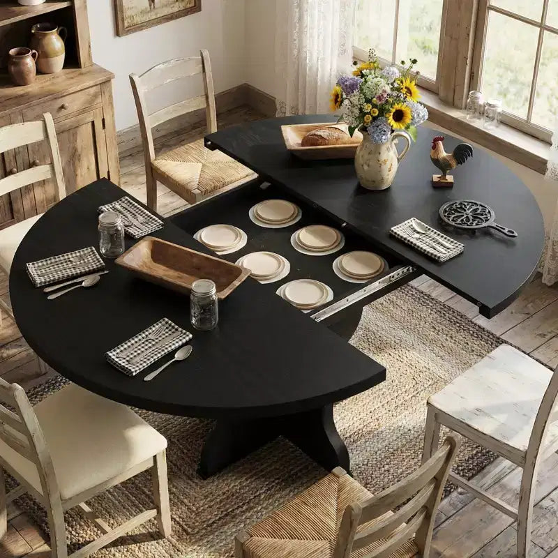 Extendable Oval Dining Table 47-63 Inch, Seats 4-8, Wood Top Metal Frame, Farmhouse