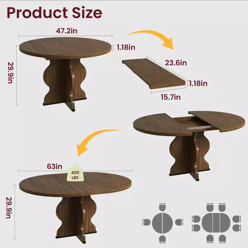 Table à Manger Ovale Extensible 120-160 cm, 4 à 8 Places, Plateau en Bois, Piètement Métal, Style Ferme