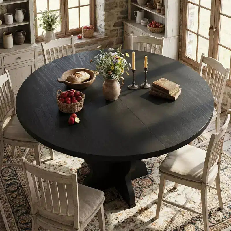Extendable Oval Dining Table 47-63 Inch, Seats 4-8, Wood Top Metal Frame, Farmhouse