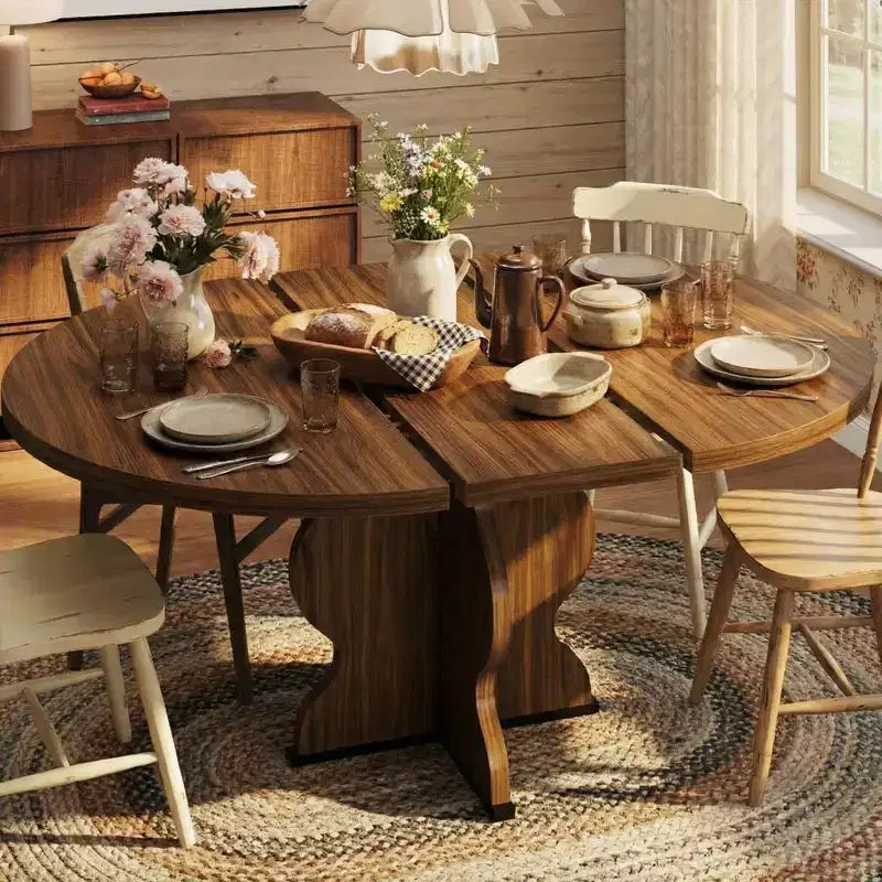 Extendable Oval Dining Table 47-63 Inch, Seats 4-8, Wood Top Metal Frame, Farmhouse