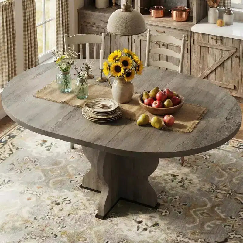 Extendable Oval Dining Table 47-63 Inch, Seats 4-8, Wood Top Metal Frame, Farmhouse