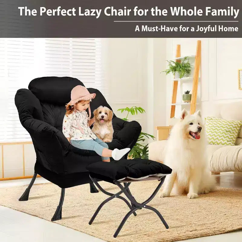 Velvet Accent Chair with Folding Ottoman & Side Storage Bag, Metal Frame, Black, 330lb