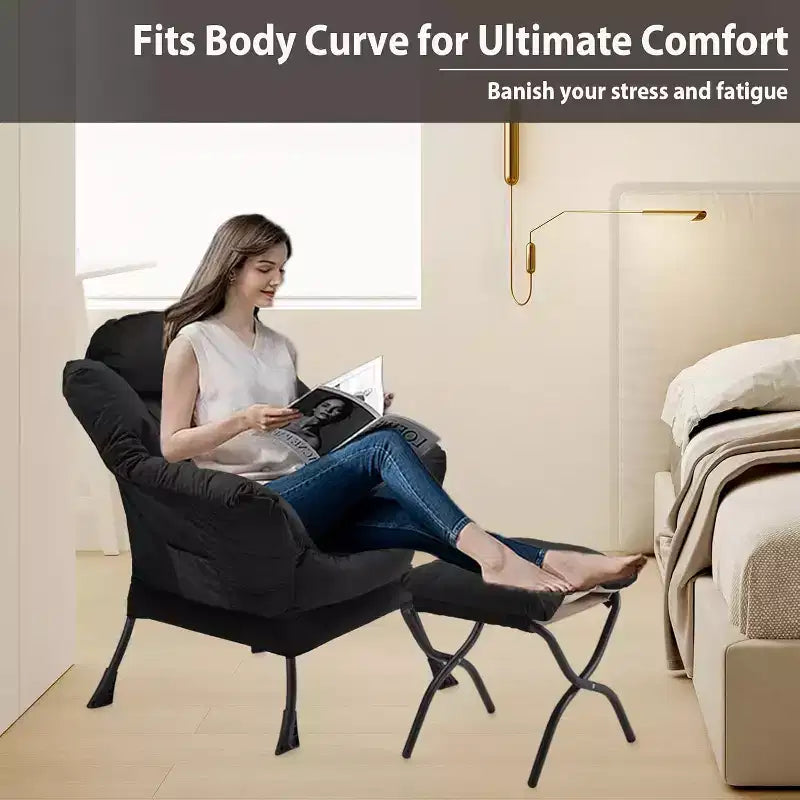 Velvet Accent Chair with Folding Ottoman & Side Storage Bag, Metal Frame, Black, 330lb
