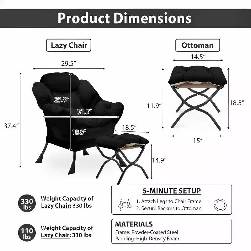 Velvet Accent Chair with Folding Ottoman & Side Storage Bag, Metal Frame, Black, 330lb
