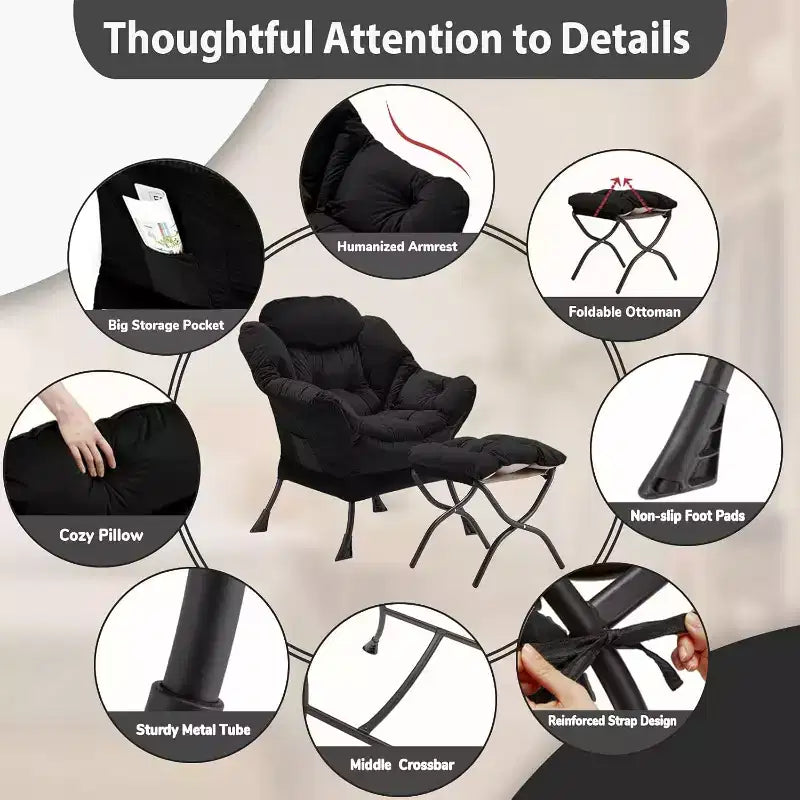 Fauteuil d'appoint en velours avec pouf pliant et poche latérale de rangement, cadre en métal, noir, 150 kg