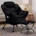 Fauteuil d'appoint en velours avec pouf pliant et poche latérale de rangement, cadre en métal, noir, 150 kg