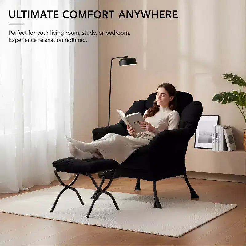 Fauteuil d'appoint en velours avec pouf pliant et poche latérale de rangement, cadre en métal, noir, 150 kg