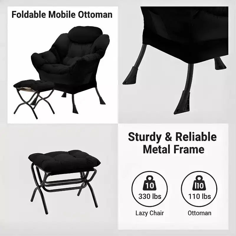 Fauteuil d'appoint en velours avec pouf pliant et poche latérale de rangement, cadre en métal, noir, 150 kg