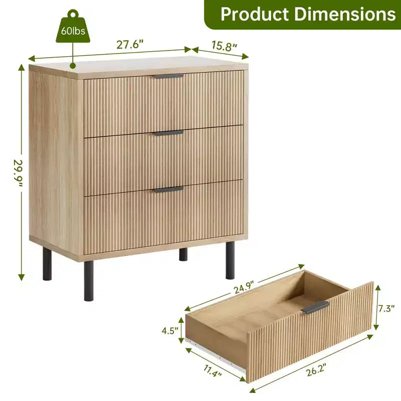 Commode cannelée à 3 tiroirs, organisateur de commode de placard de 76 cm de haut, commode en bois pour chambre à coucher, entrée, petits espaces, 2 pièces