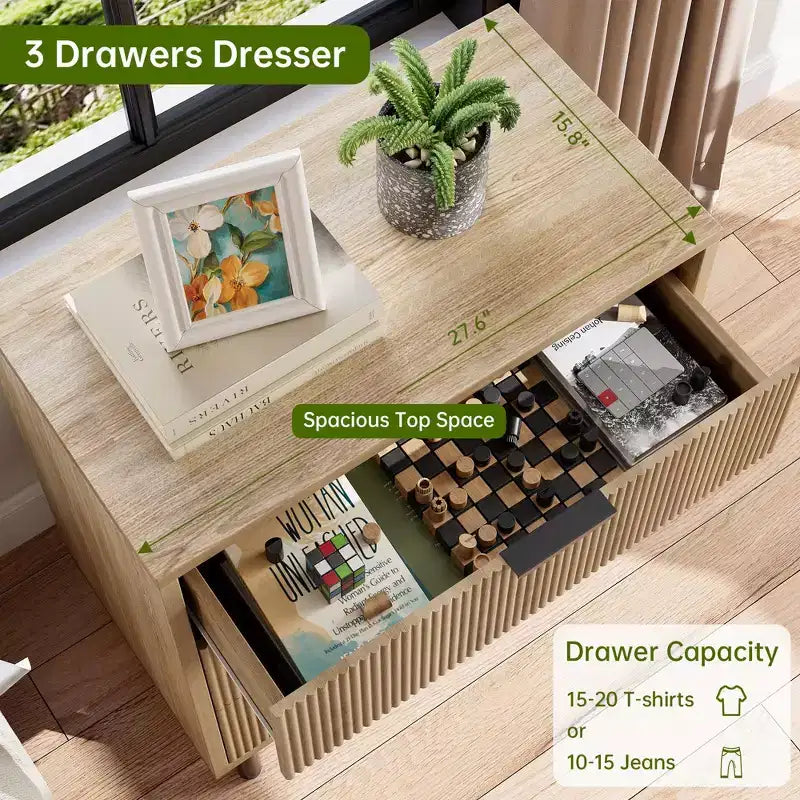 Fluted Dresser with 3 Drawers, 29.9'' Tall Closet Dresser Organizer, Wood Chest of Drawers for Bedroom, Entryway, Small Spaces, 2pcs