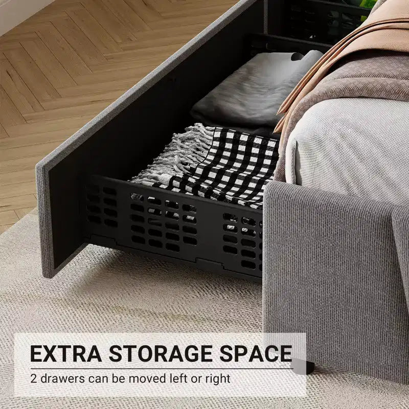 Versatile Upholstered Platform Bed Frame, Adjustable Headboard, Wooden Slats Support, No Box Spring Needed, Integrated Storage Drawers