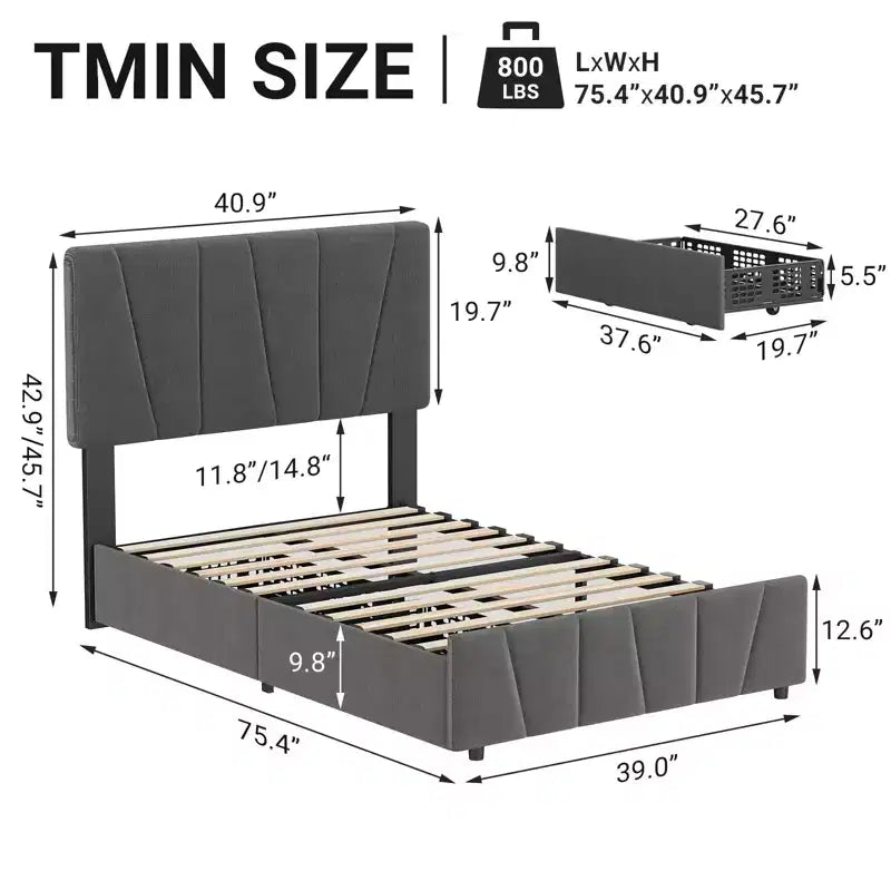 Versatile Upholstered Platform Bed Frame, Adjustable Headboard, Wooden Slats Support, No Box Spring Needed, Integrated Storage Drawers