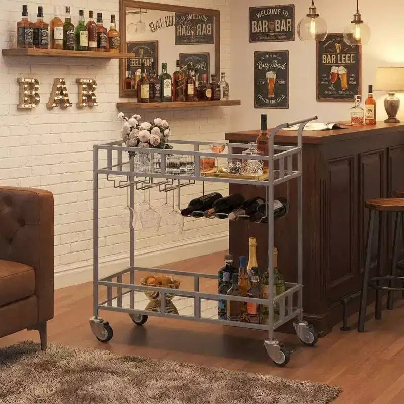 2-Tier Portable Bar Cart with Mirrored Shelves, Rolling Service Trolley with Wine Rack, Glass Holder, Beverage Serving for Home, Dining & Living Room