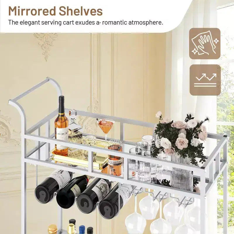2-Tier Portable Bar Cart with Mirrored Shelves, Rolling Service Trolley with Wine Rack, Glass Holder, Beverage Serving for Home, Dining & Living Room