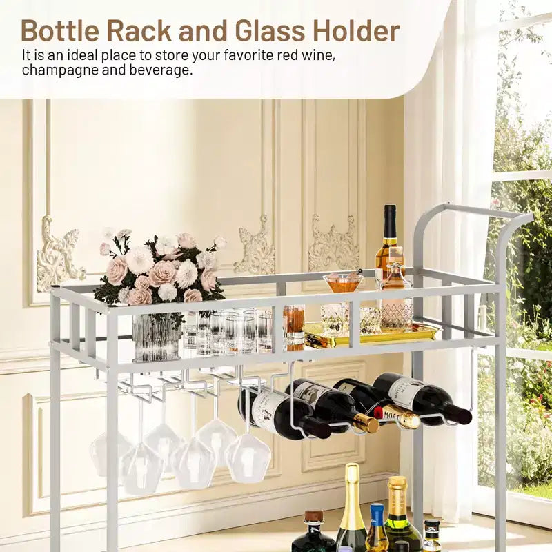 2-Tier Portable Bar Cart with Mirrored Shelves, Rolling Service Trolley with Wine Rack, Glass Holder, Beverage Serving for Home, Dining & Living Room