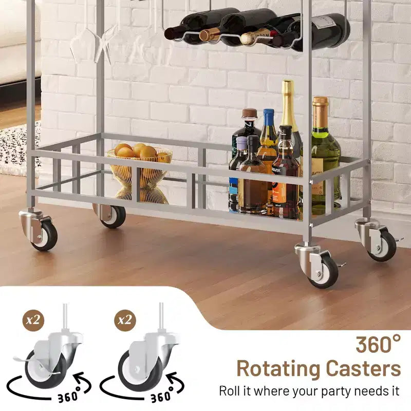 2-Tier Portable Bar Cart with Mirrored Shelves, Rolling Service Trolley with Wine Rack, Glass Holder, Beverage Serving for Home, Dining & Living Room