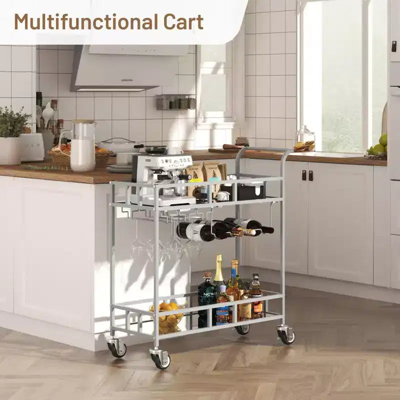 2-Tier Portable Bar Cart with Mirrored Shelves, Rolling Service Trolley with Wine Rack, Glass Holder, Beverage Serving for Home, Dining & Living Room