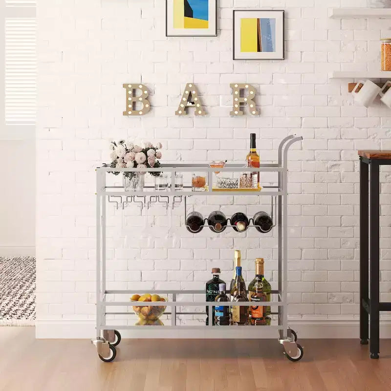 2-Tier Portable Bar Cart with Mirrored Shelves, Rolling Service Trolley with Wine Rack, Glass Holder, Beverage Serving for Home, Dining & Living Room