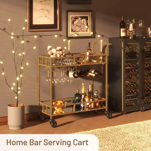 Desserte de bar portable à 2 niveaux avec étagères miroir, chariot de service roulant avec casier à vin, support à verres, pour boissons, maison, salle à manger et salon
