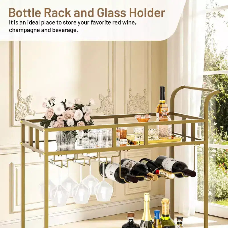 2-Tier Portable Bar Cart with Mirrored Shelves, Rolling Service Trolley with Wine Rack, Glass Holder, Beverage Serving for Home, Dining & Living Room