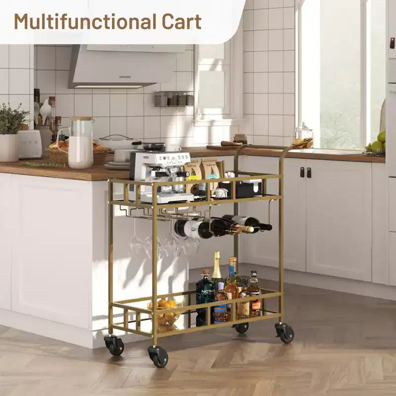 2-Tier Portable Bar Cart with Mirrored Shelves, Rolling Service Trolley with Wine Rack, Glass Holder, Beverage Serving for Home, Dining & Living Room