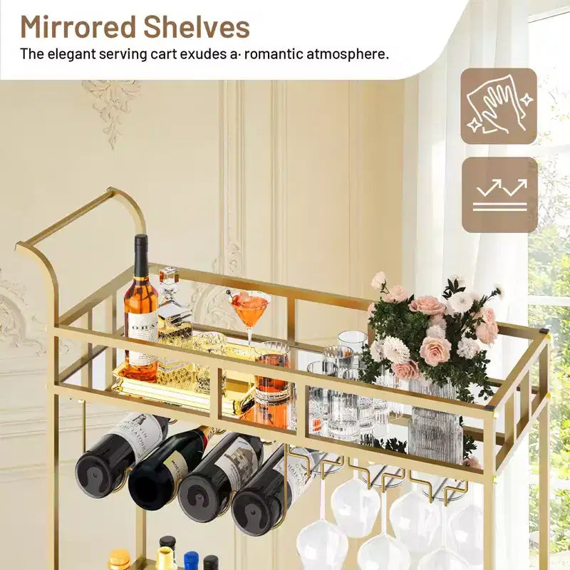 2-Tier Portable Bar Cart with Mirrored Shelves, Rolling Service Trolley with Wine Rack, Glass Holder, Beverage Serving for Home, Dining & Living Room