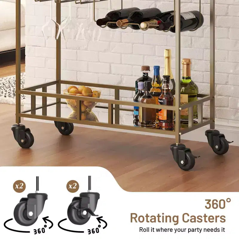 2-Tier Portable Bar Cart with Mirrored Shelves, Rolling Service Trolley with Wine Rack, Glass Holder, Beverage Serving for Home, Dining & Living Room