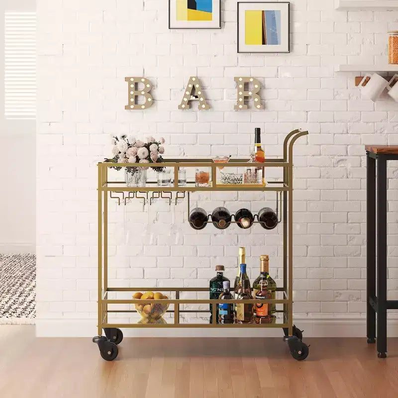 2-Tier Portable Bar Cart with Mirrored Shelves, Rolling Service Trolley with Wine Rack, Glass Holder, Beverage Serving for Home, Dining & Living Room