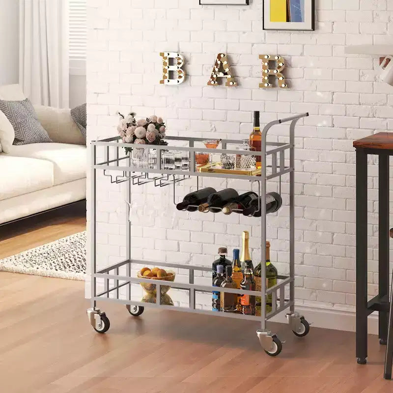 2-Tier Portable Bar Cart with Mirrored Shelves, Rolling Service Trolley with Wine Rack, Glass Holder, Beverage Serving for Home, Dining & Living Room