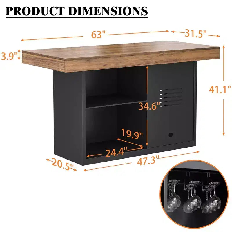 Bar Height Pub Table with Fridge Space & Storage, 41.1H x 63W, Seats 4-6, Black/Brown